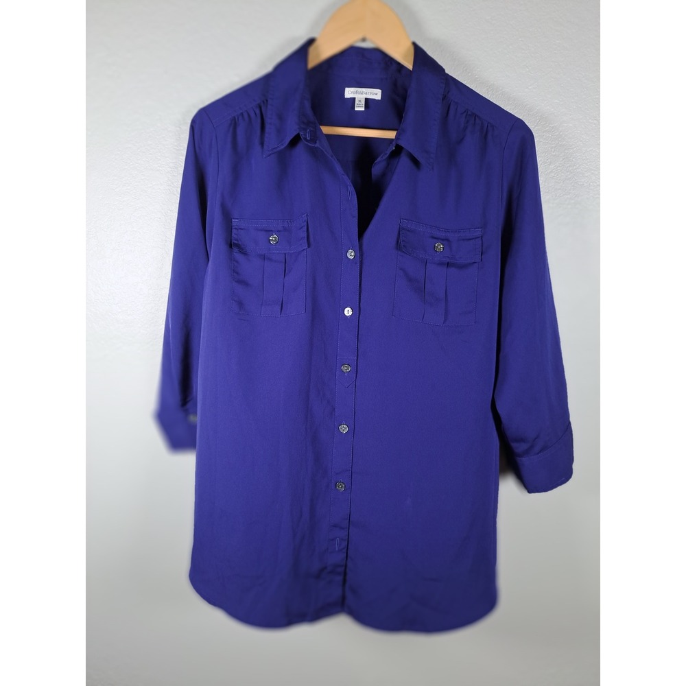 Croft & Barrow Womens XL Purple Button Down Utility Shirt 3/4 Sleeve Blouse